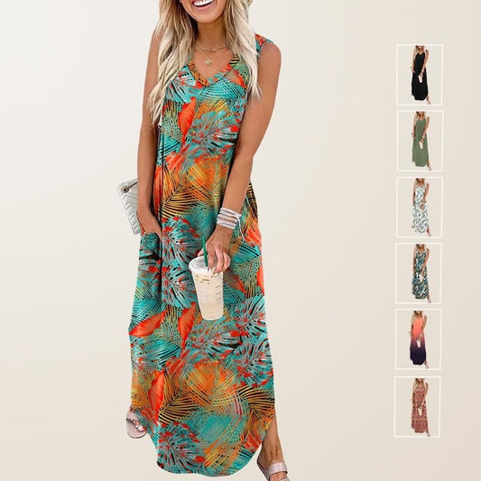 🎉Sista dagens erbjudande 50% RABATT💃2025 Sommar Boho Print Maxiklänning med V-ringning och fickor