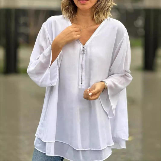 👚 Avslappnad Chiffongblus | V-ringad, 3/4-ärm & Metalldragkedja | Mjuk & Ledig ✨