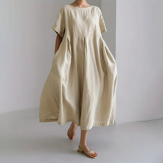👗Enkel komfort: Klänning för varje äventyr💫Damklänning med rund halsringning och fickor, avslappnad passform