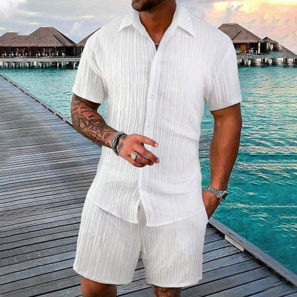 🔥🎁Nyhet 50 % RABATT🔥CASUAL STYLE✨Löst sittande kortärmad skjorta och shorts för herr, 2-delat set