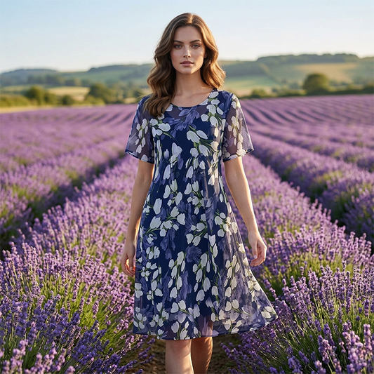 🌸 48% RABATT ✨👗 Kortärmad A-linje Festklänning – Blommönster & Dubbel Chiffong👗💙