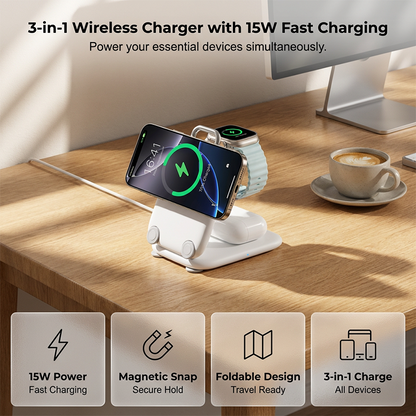 💎 Magnetisk Trådlös Laddningsstation | 3-i-1 Vikbar, Snabbladdning 15W, Snygg Design📱⌚🎧