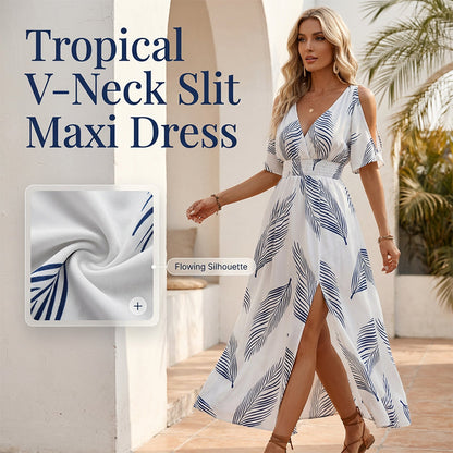 👗 49% RABATT NU! 🌞Klänning med tropiskt tryck och slits i kala axlarna