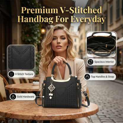 👜 48% RABATT NU! ✨ Dam Handväska med Topphandtag – V-sömnad, Guldbeslag & Flera Fack – Elegant & Rymlig för Arbete, Shopping eller Utekväll 💼