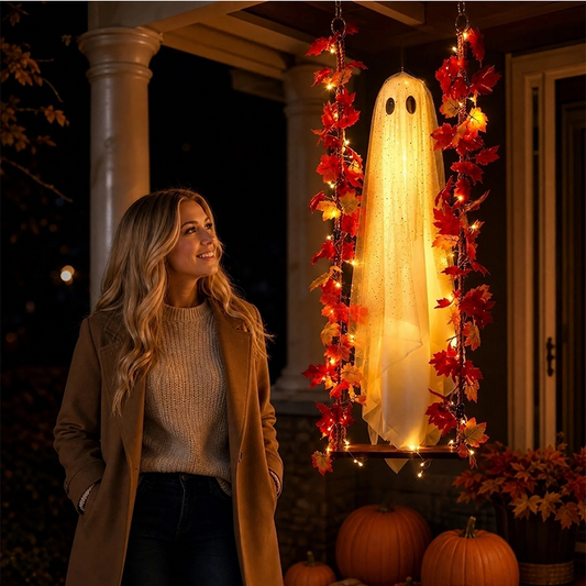 🔥🎁Nyhet 48 % RABATT🔥Hängande Halloween-spöke på Gunga med Fjärrkontroll LED och Lönnlöv